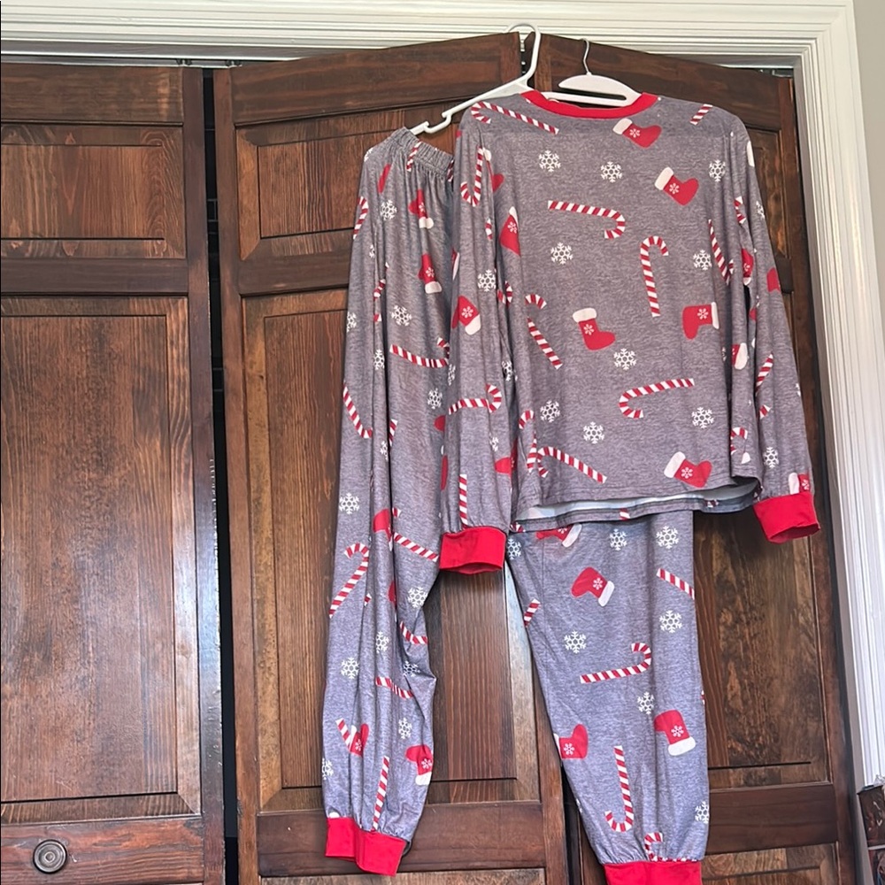 Festive Gray Pajama Set with Red Accents